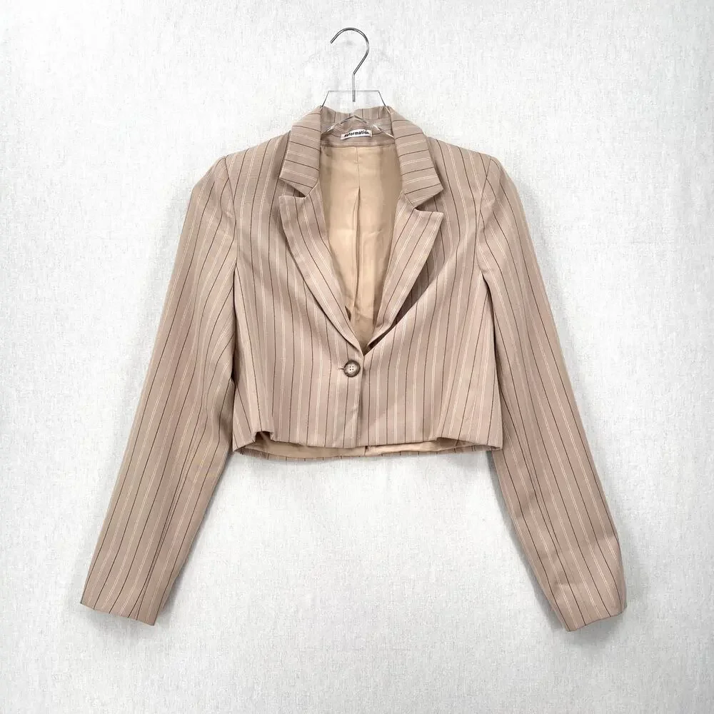 REFORMATION Bateman Cropped Blazer Womens XS Tan Pinstripe Y2K Corp Long Sleeve